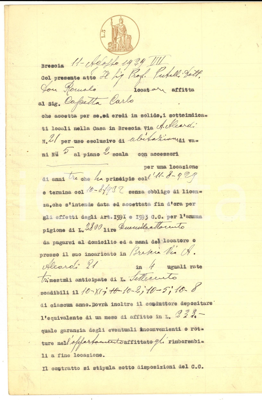 Documento originale, autentico 1929 BRESCIA via ALEARDI Romolo PUTELLI affitta casa a Carlo CAPETTA 1