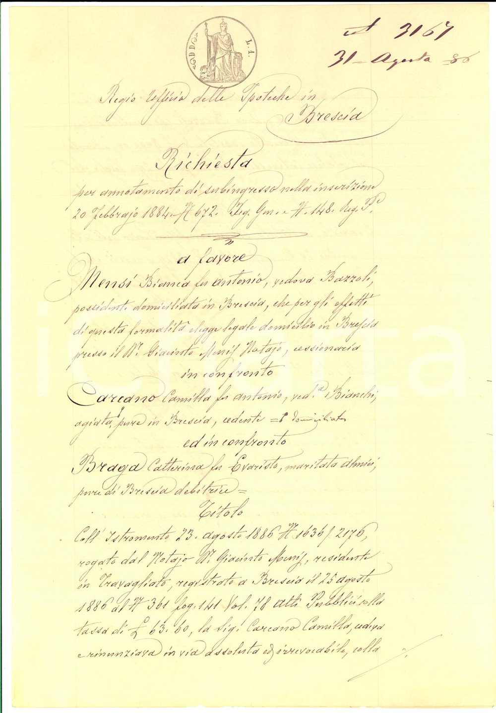 Documento originale, autentico 1884 BRESCIA Subingresso in iscrizione Bianca MENSI su rinuncia Camilla CARCANO 1