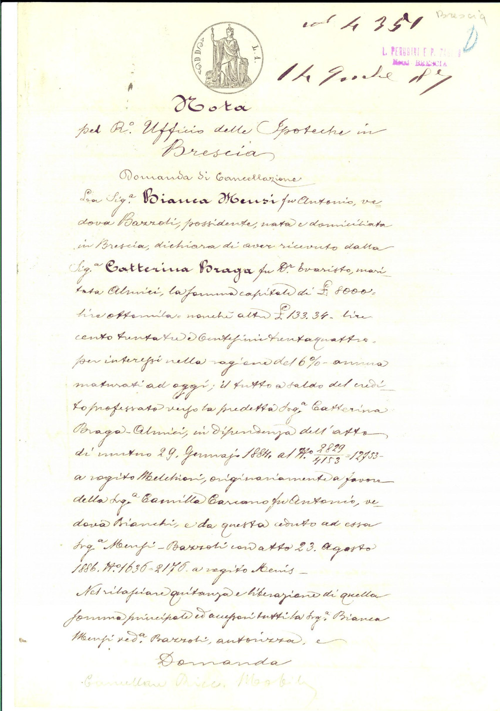Documento originale, autentico 1887 BRESCIA Bianca MENSI riscuote saldo da Caterina BRAGA ALMICI Manoscritto 1
