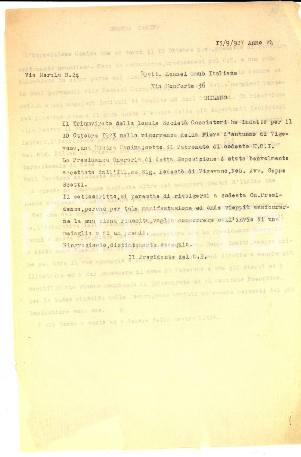 Documento originale, autentico 1927 VIGEVANO PV Mostra Canina per la Fiera d autunno Lettera DANNEGGIATA 1