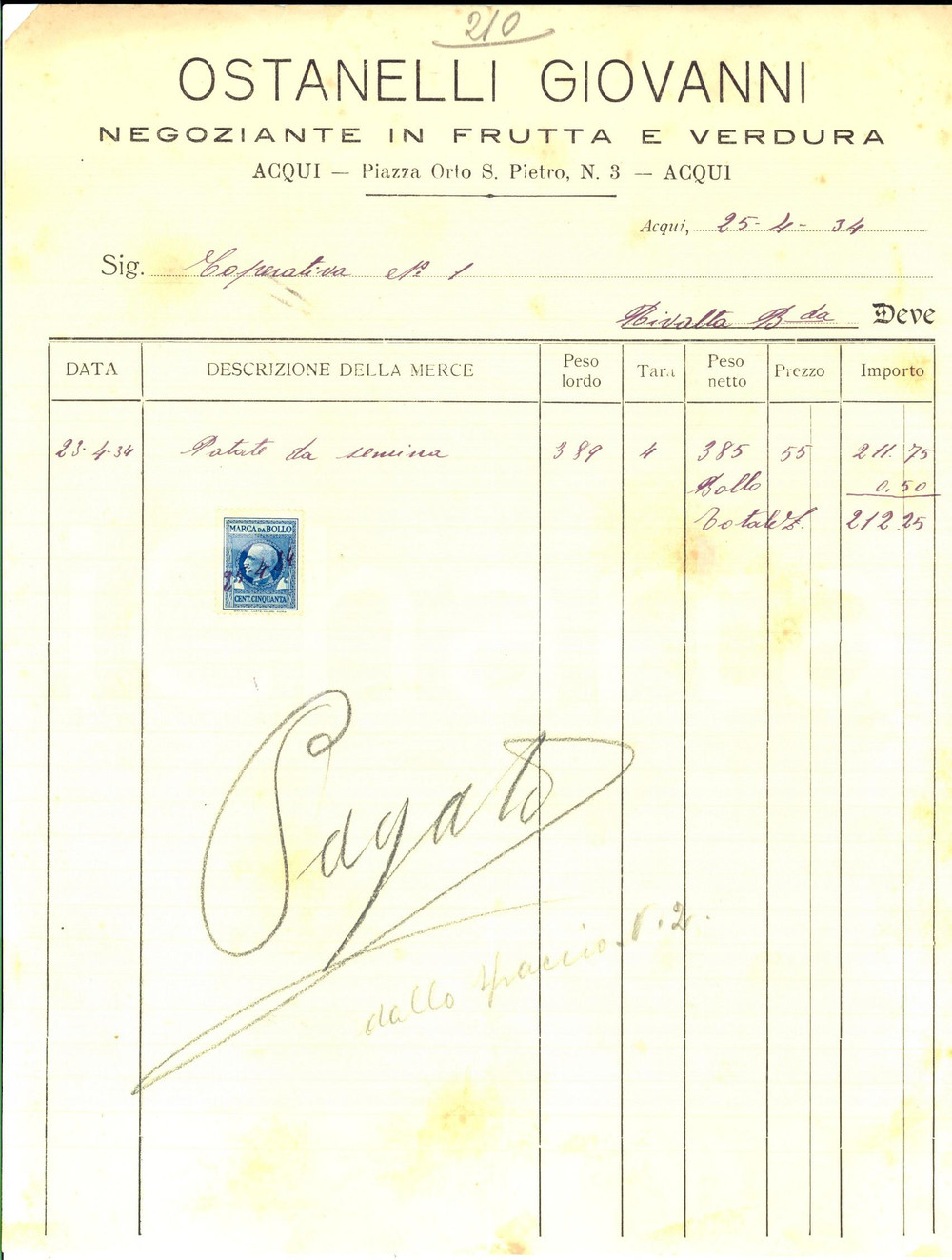 Documento originale, autentico 1934 ACQUI TERME AL Negoziante OSTANELLI Giovanni Fattura patate da semina 1
