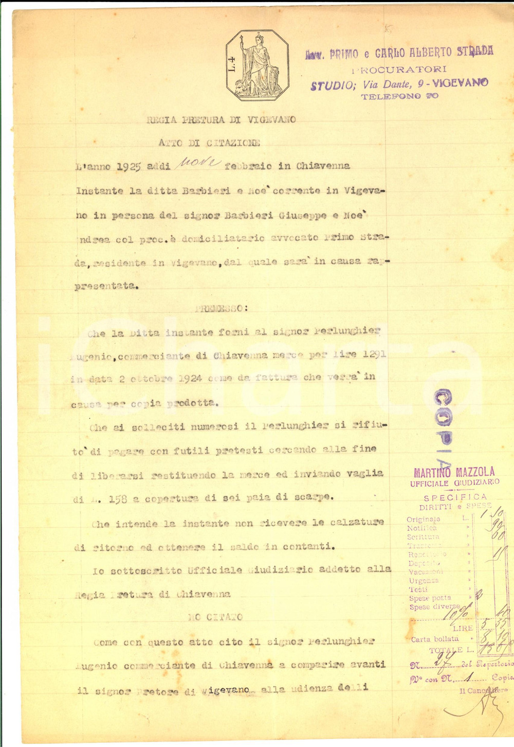 Documento originale, autentico 1925 CHIAVENNA SO Citazione giudiziaria Eugenio PERLUNGHIER negoziante scarpe 1