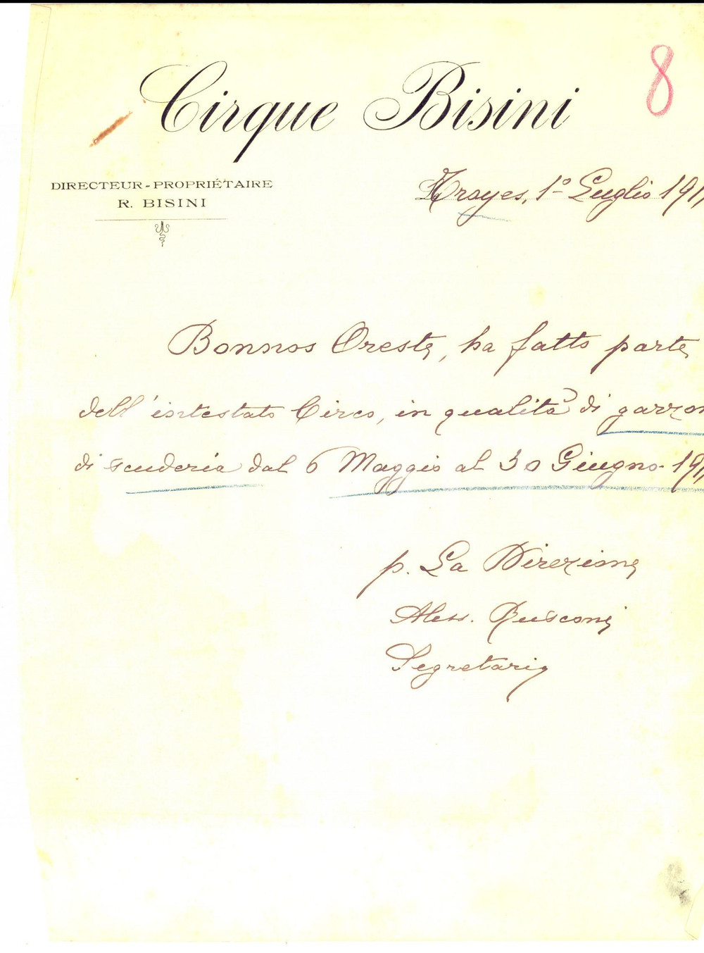 Manoscritto, lettera originale 1914 TROYES F Circo BISINI  Attestato Oreste BONNOS garzone di scuderia 1