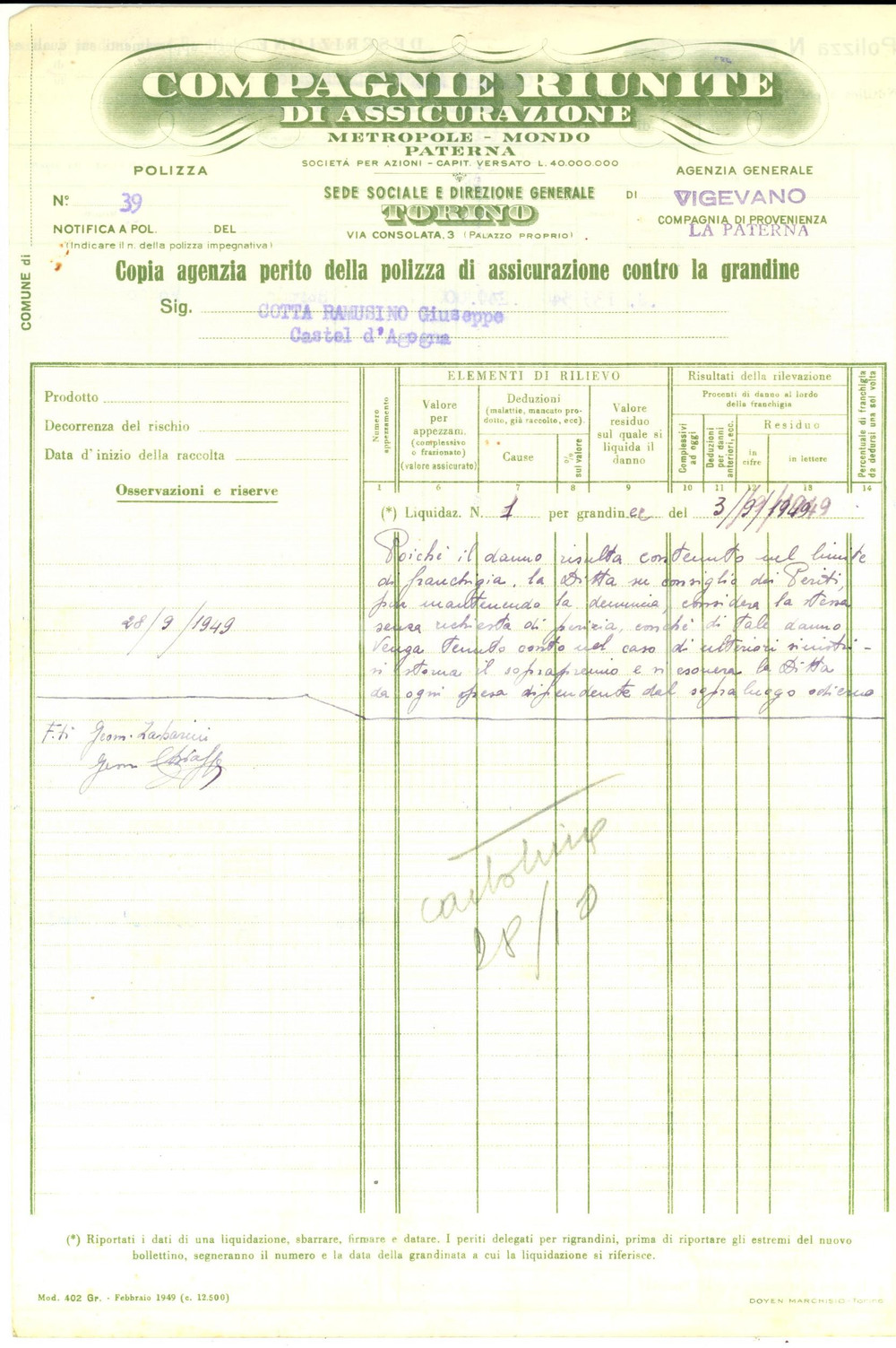 1949 VIGEVANO (PV) Compagnie Riunite di Assicurazione - Danni da grandine
