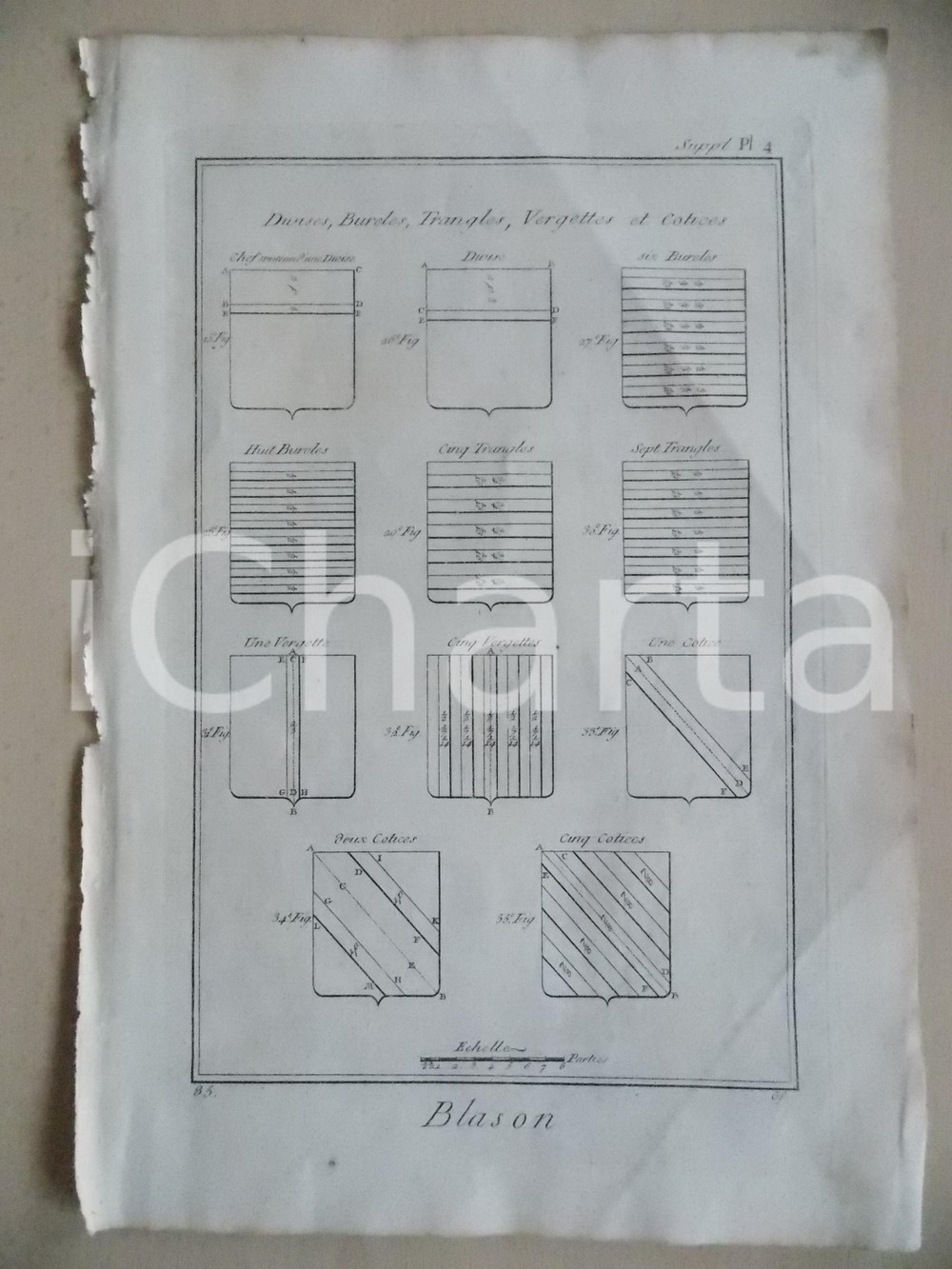 Stampa, bozzetto originale 1830 FRANCE HERALDIQUE Blason  Divises et vergettes Gravure ENCYCLOPEDIE 1