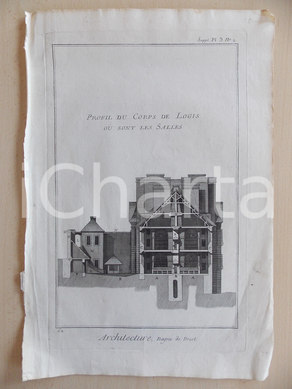 Stampa, bozzetto originale 1830 FRANCE ARCHITECTURE Bagne de BREST Logis Gravure 27x40 ENCYCLOPEDIE 1