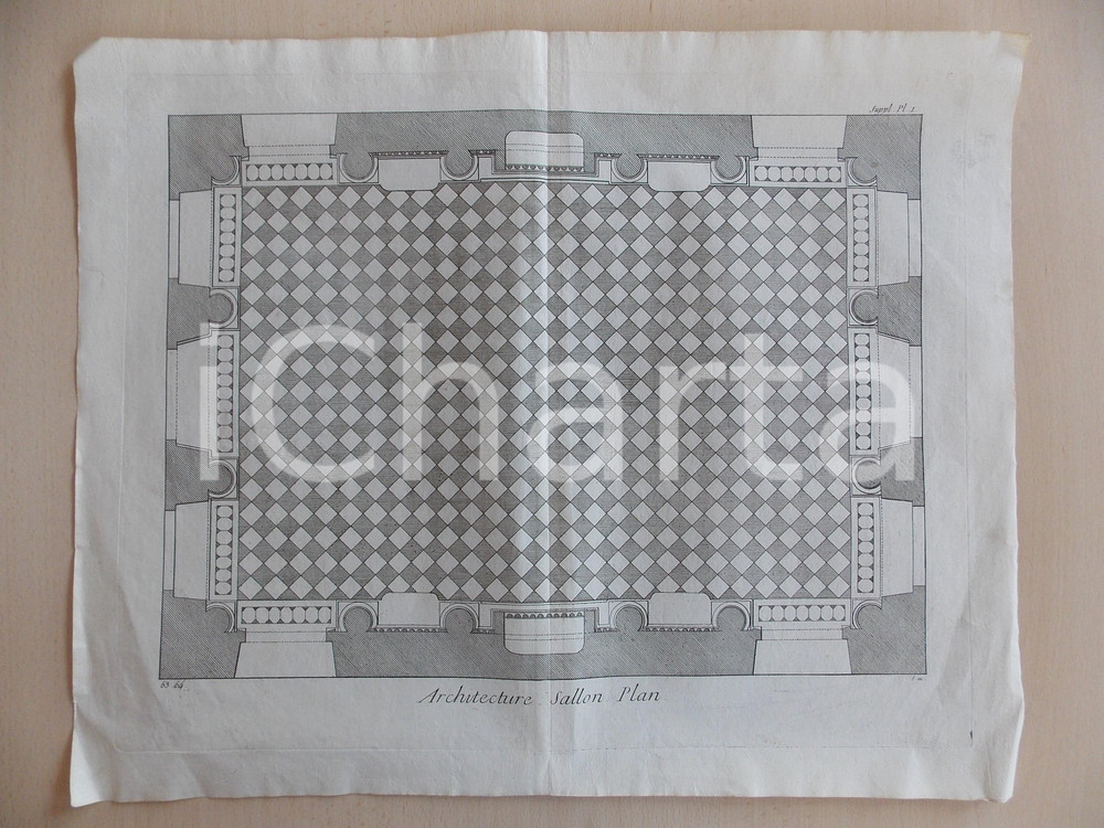 Stampa, bozzetto originale 1830 FRANCE ARCHITECTURE Sallon plan Ancienne gravure ENCYCLOPEDIE 50x40 cm 1