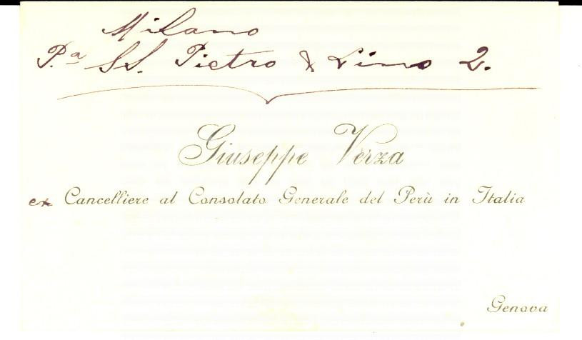 Oggetto da collezione cartaceo 1890 ca MILANO Biglietto da visita Giuseppe VERZA cancelliere Consolato del PerÃ¹ 1