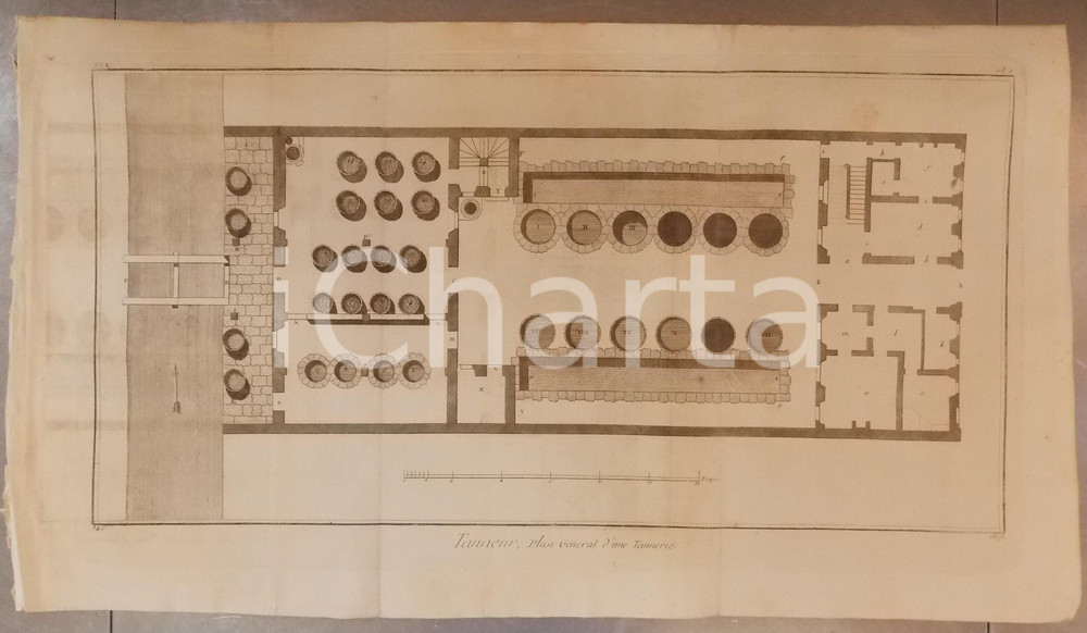 Stampa, bozzetto originale 1830 FRANCE TANNEUR Plan gÃ©nÃ©ral d une tannerie Gravure ENCYCLOPEDIE 50x40 cm 1
