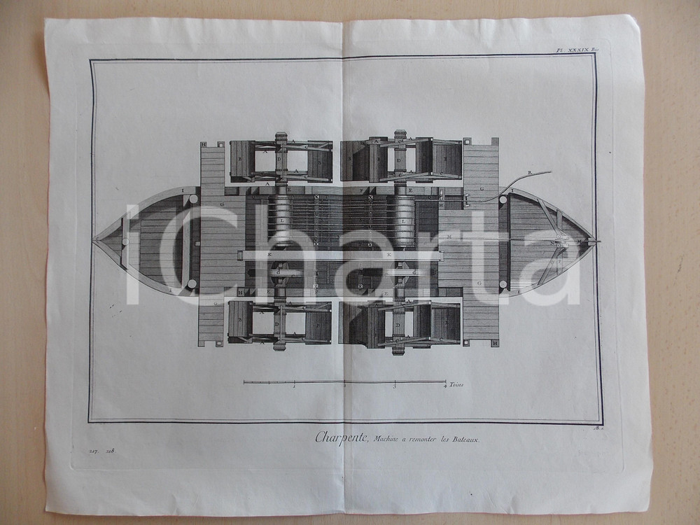 1830 FRANCE CHARPENTE Machine à remonter les bateaux *Gravure ENCYCLOPEDIE 50x40