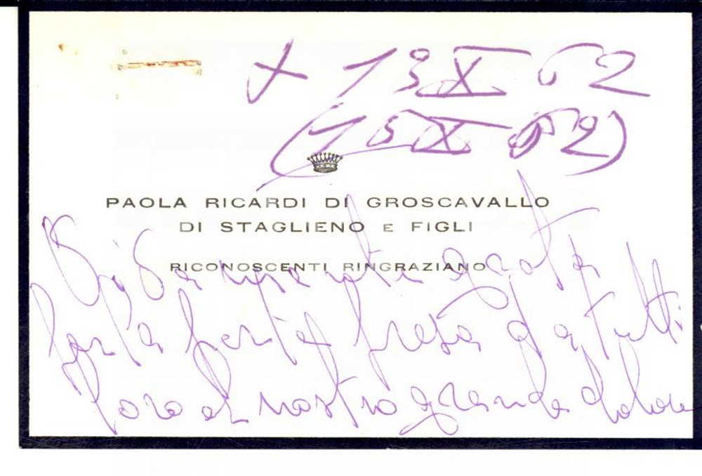 Autografo originale 1962 Paola RICARDI DI GROSCAVALLO DI STAGLIENO Biglietto di ringraziamento 1