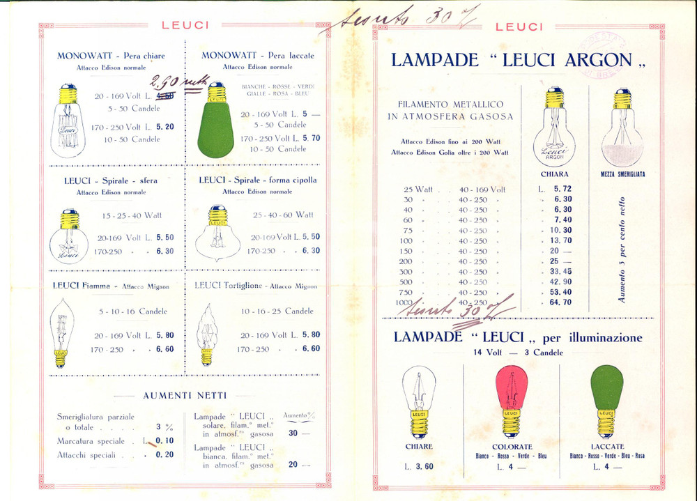 Materiale pubblicitario d’epoca 1930 MILANO Lampade LEUCI Listino prezzi ILLUSTRATO VINTAGE 1