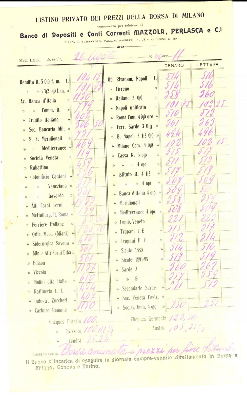 Oggetto da collezione cartaceo 1904 BORSA DI MILANO Listino privato dei prezzi BANCO MAZZOLA, PERLASCA & C.I 1