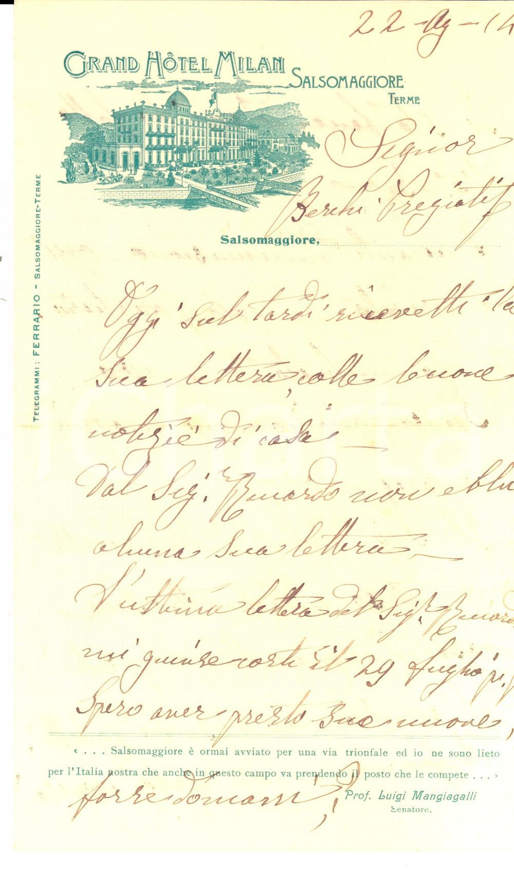 Manoscritto, lettera originale 1914 SALSOMAGGIORE TERME Lettera dal GRAND HOTEL MILAN Carta intestata 1