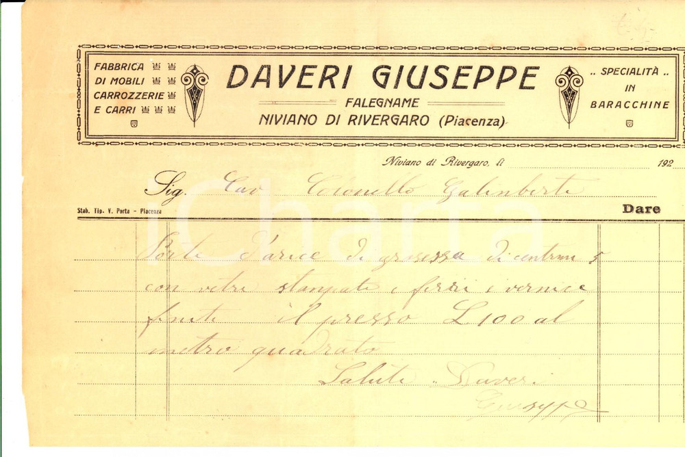 Documento originale, autentico 1920 ca NIVIANO DI RIVERGARO PC Giuseppe DAVERI baracchine Fattura intestata 1