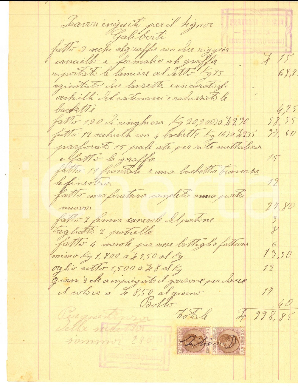 Documento originale, autentico 1920 ca NIVIANO PC Ditta Fratelli ZILIANI Conto per lavori falegnameria 1