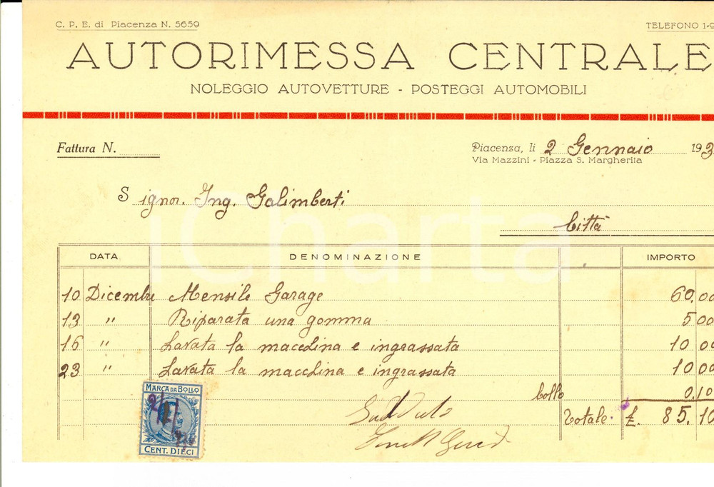 Documento originale, autentico 1930 PIACENZA Autorimessa centrale  Noleggio autovetture Fattura intestata 1