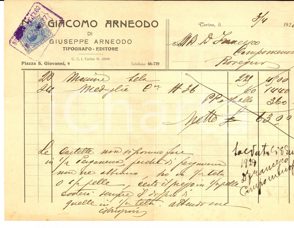 Documento originale, autentico 1928 TORINO Giacomo ARNEODO Tipografo editore Fattura intestata per medaglie 1
