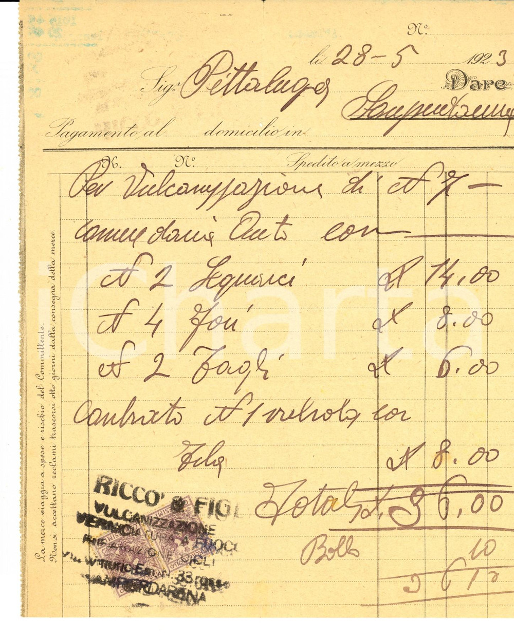 Documento originale, autentico 1923 GENOVA SAMPIERDARENA Ditta RICCO  Vulcanizzazione e verniciatura a fuoco 1