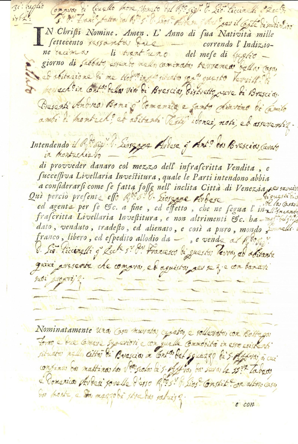 Documento originale, autentico 1762 MONTICHIARI BS Giuseppe ARDESE vende casa a Francesco PICCINELLI 1