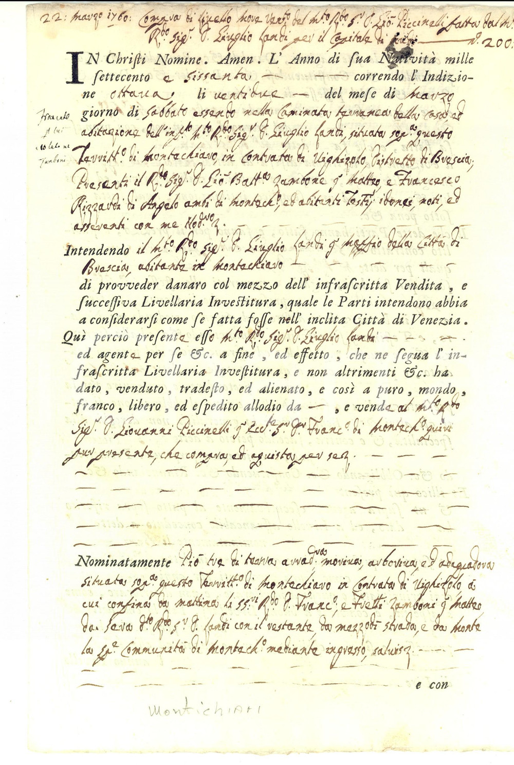 Documento originale, autentico 1760 MONTICHIARI BS Giulio LANDI vende fondo rurale a Francesco PICCINELLI 1