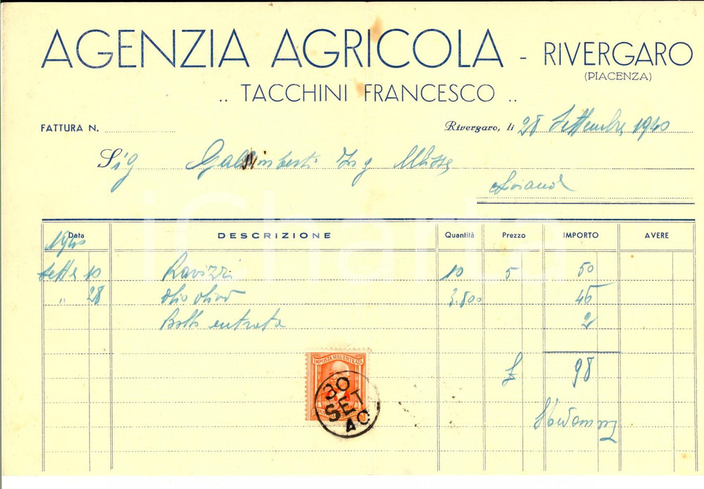 Documento originale, autentico 1940 RIVERGARO PC Agenzia agricola Francesco TACCHINI Fattura intestata 1