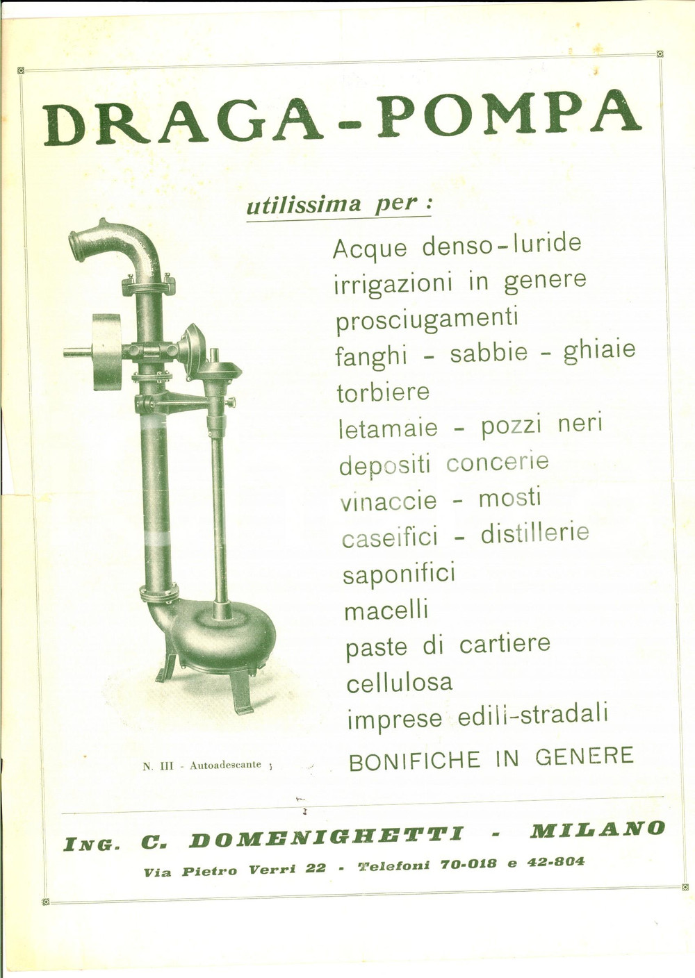 Materiale pubblicitario d’epoca 1930 ca MILANO Ing. C. DOMENIGHETTI Dragapompa Volantino pubblicitario 1
