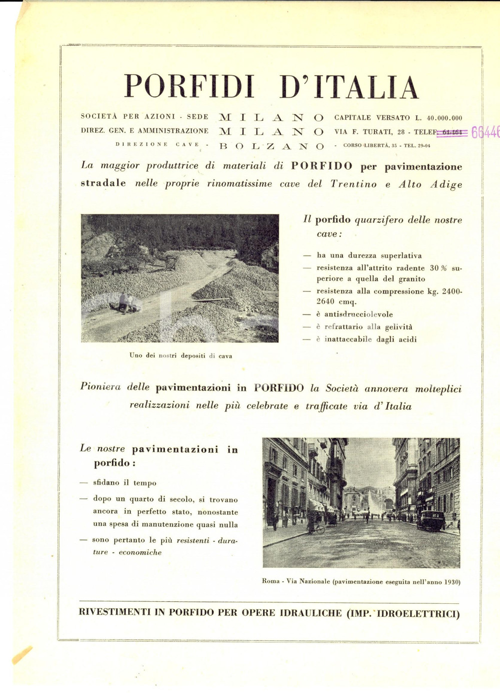 Materiale pubblicitario d’epoca 1935 ca MILANO Ditta PORFIDI D ITALIA Volantino pubblicitario su velina 1
