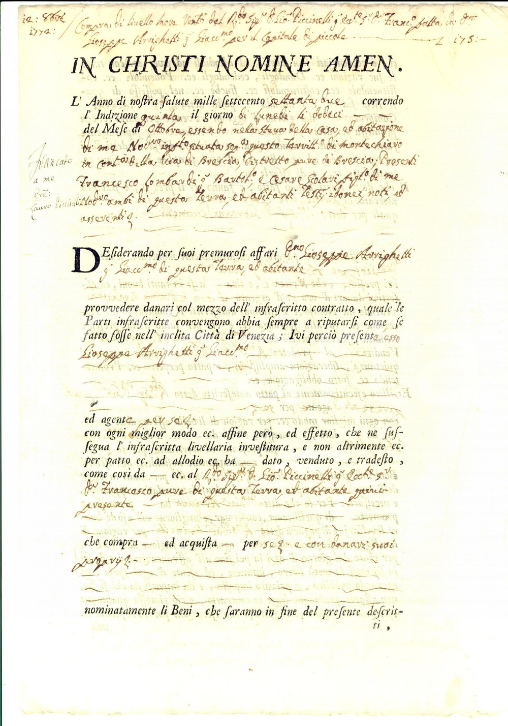 Documento originale, autentico 1772 MONTICHIARI BS Giuseppe ARRIGHETTI vende terra a Giovanni PICCINELLI 1
