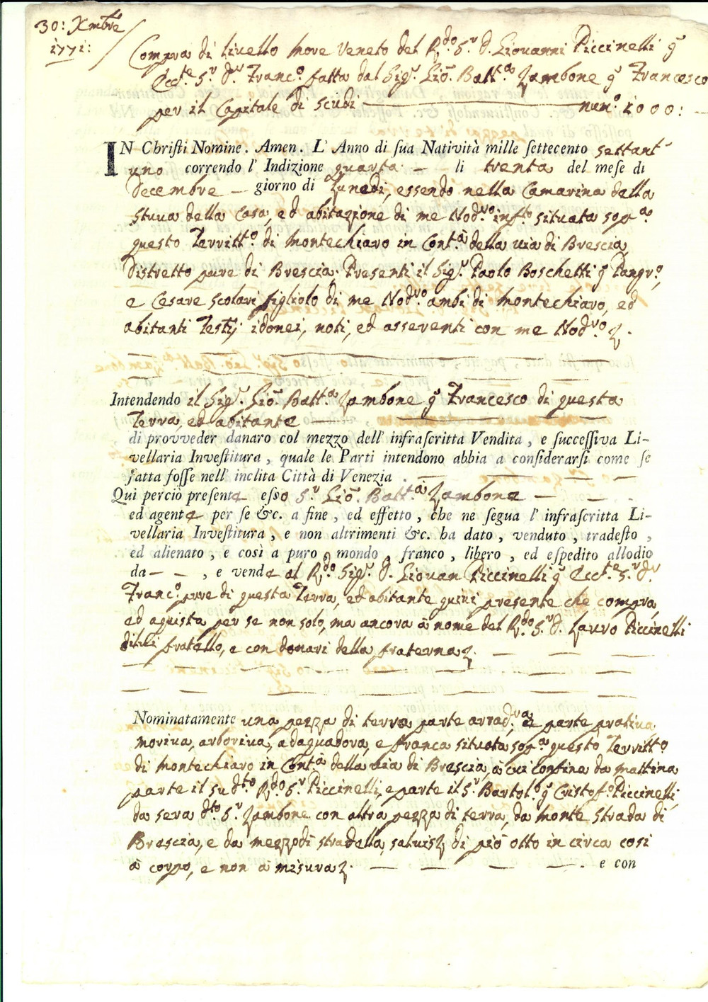 Documento originale, autentico 1771 MONTICHIARI Giovanni Battista ZAMBONE vende terra a Giovanni PICCINELLI 1