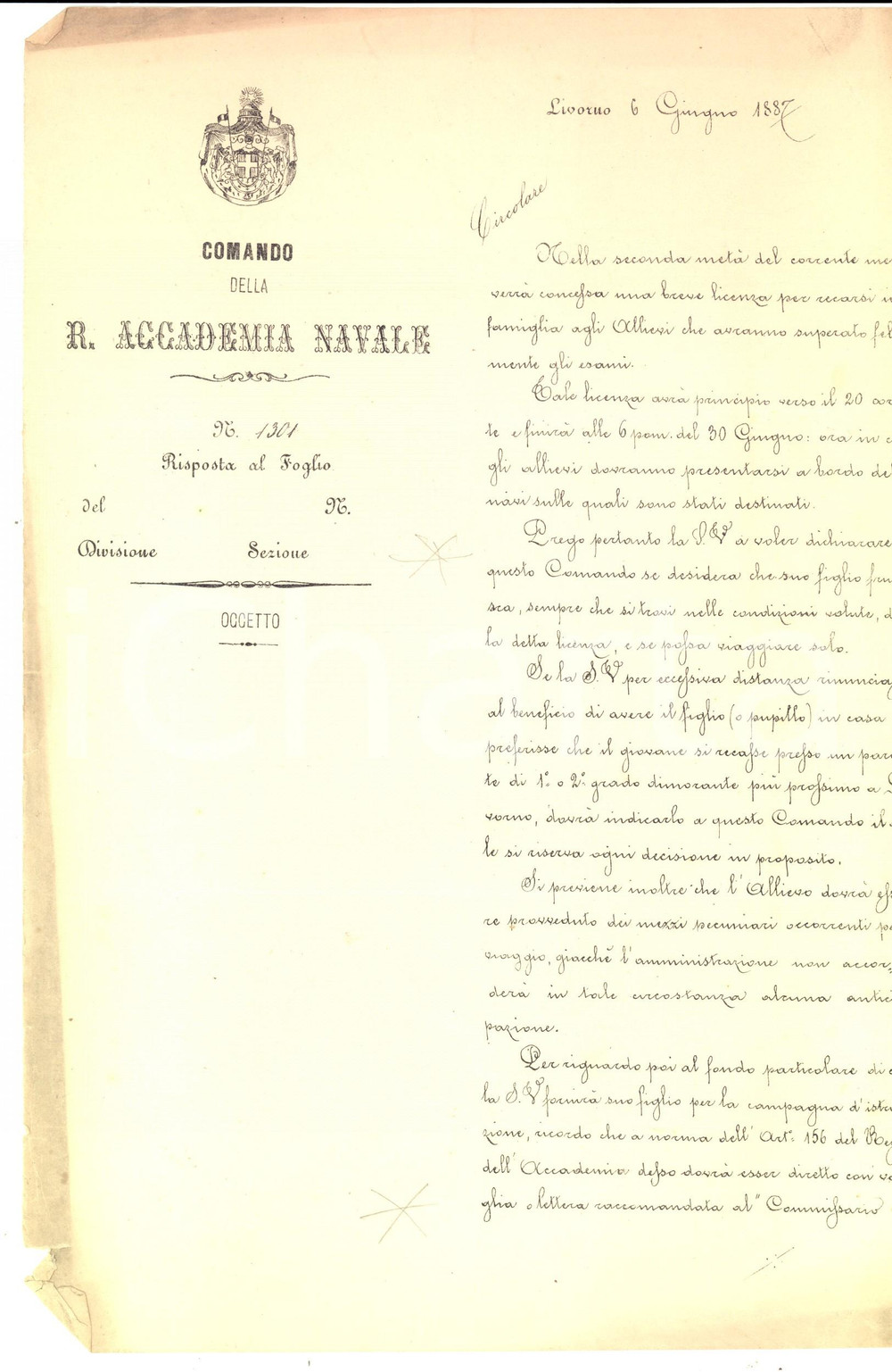 Documento originale, autentico 1887 LIVORNO Regia Accademia Navale  Licenza agli alunni che superano gli esami 1