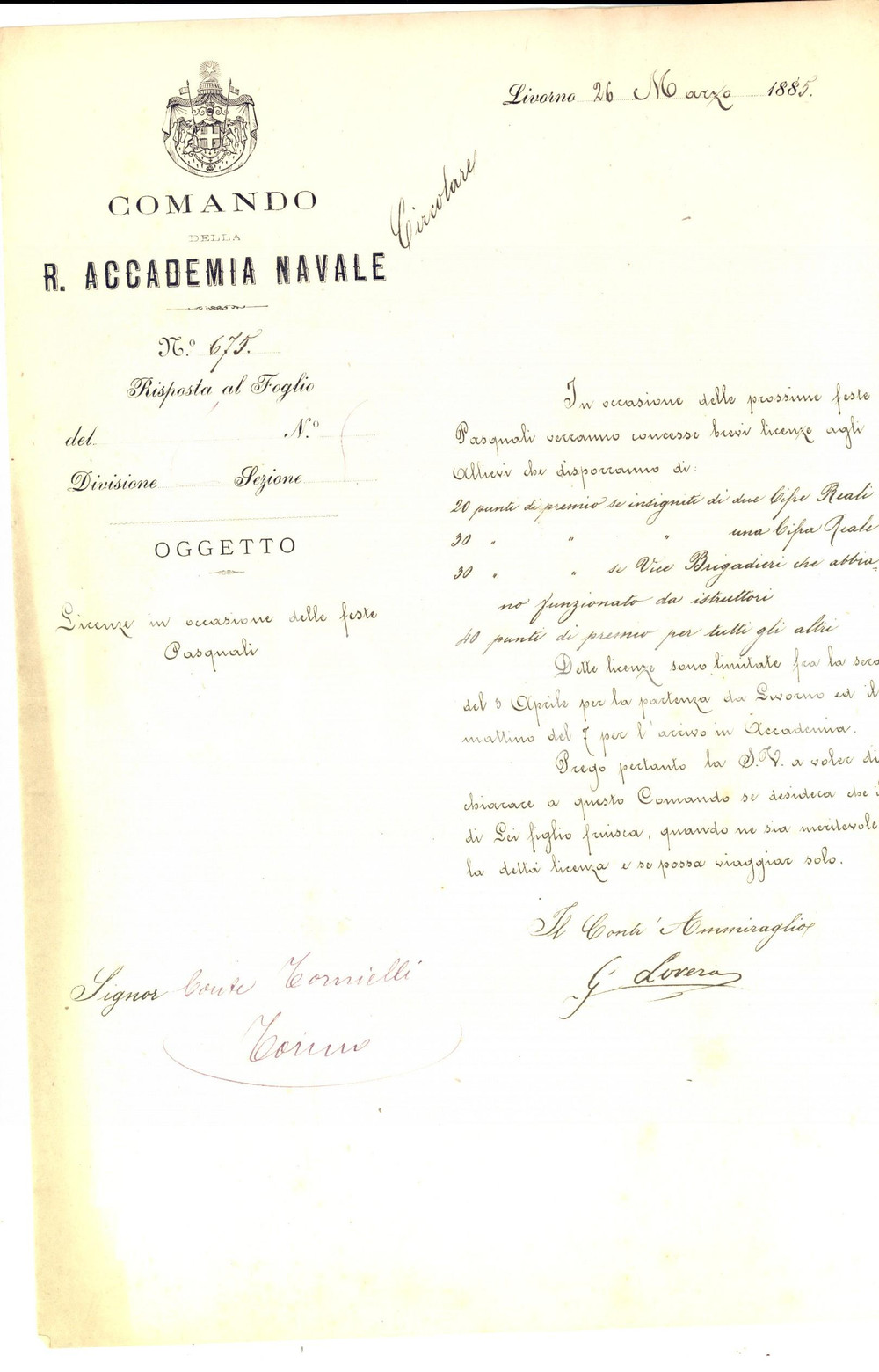 Documento originale, autentico 1885 LIVORNO Regia Accademia Navale  Licenza agli alunni per le feste pasquali 1