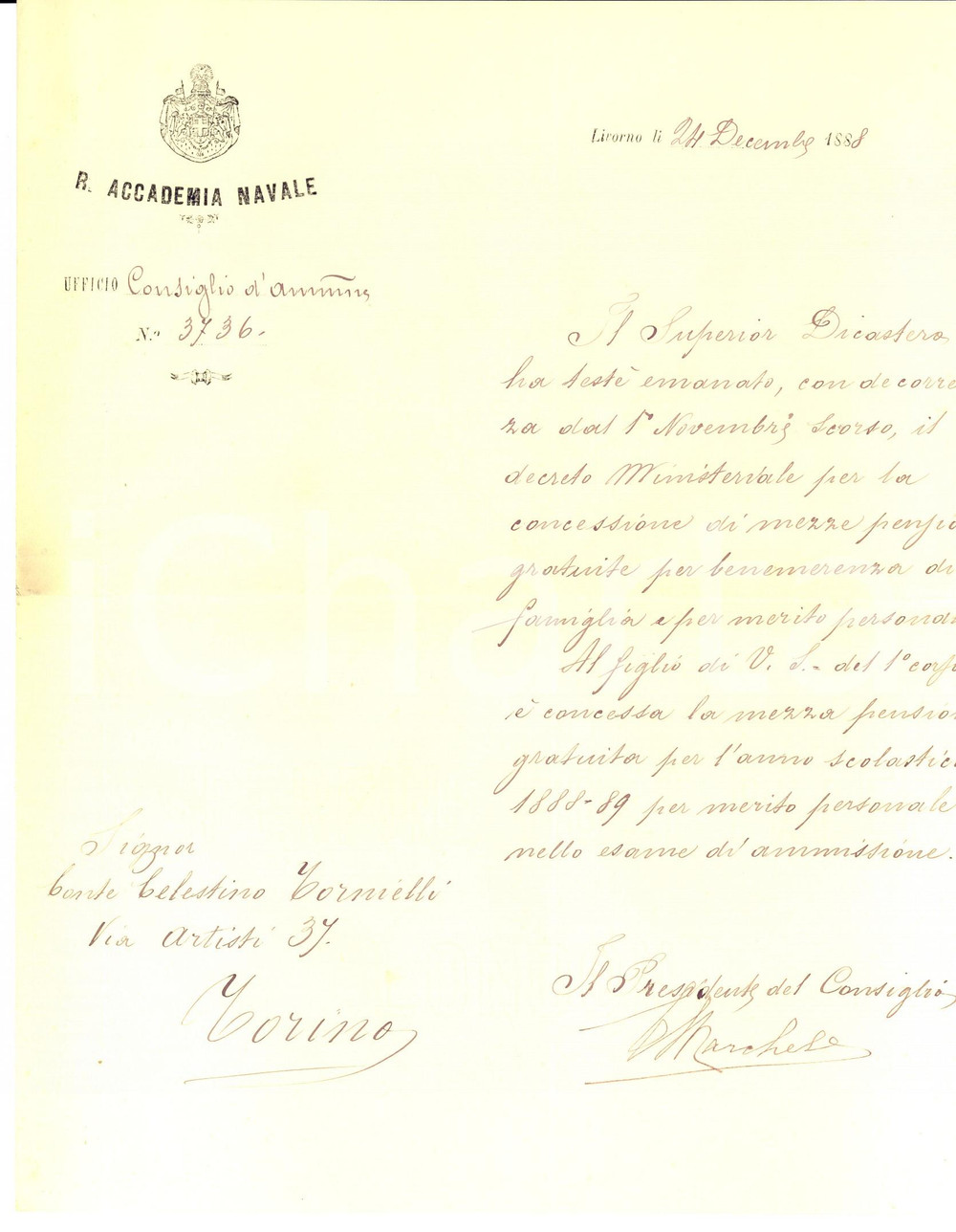 Documento originale, autentico 1888 LIVORNO Accademia Navale  Mezza pensione al conte TORNIELLI DI CRESTVOLANT 1