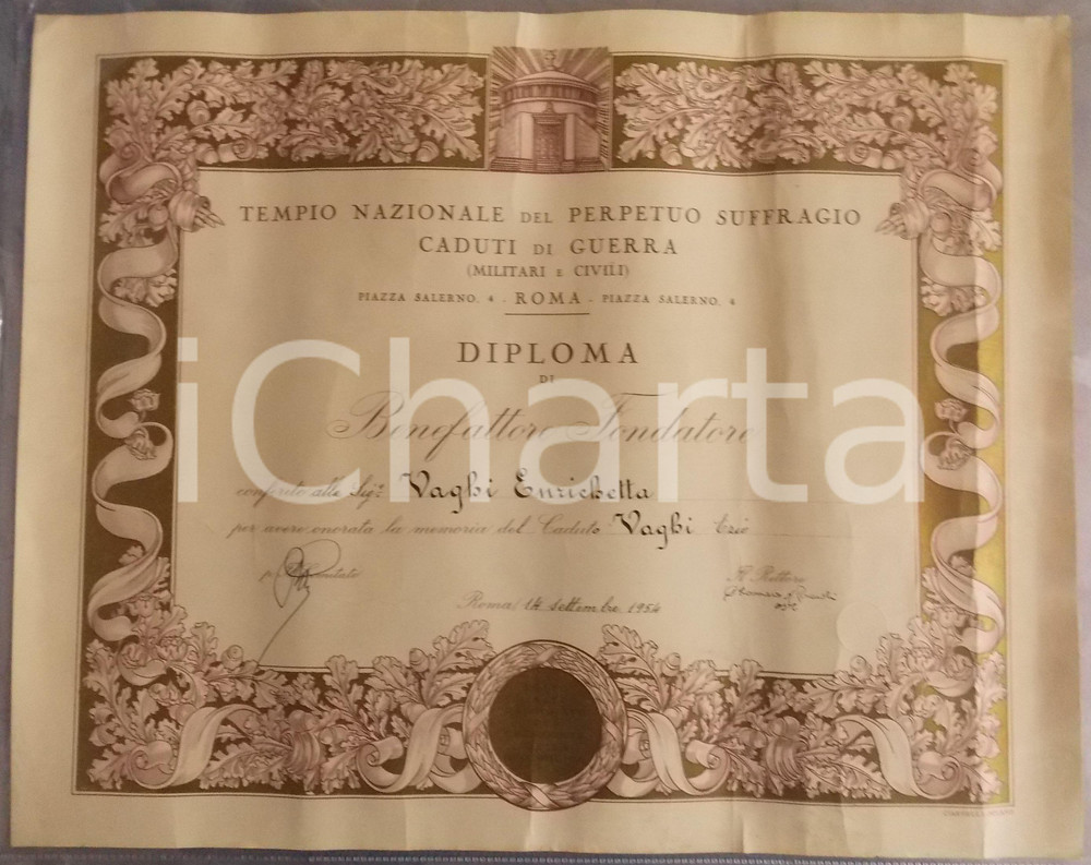 Oggetto da collezione cartaceo 1954 ROMA Tempio Nazionale Suffragio Caduti di Guerra  Diploma Enrichetta VAGHI 1