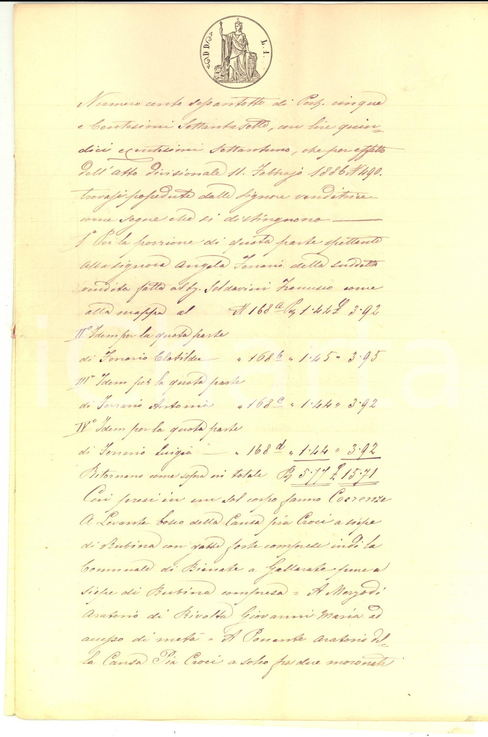 Documento originale, autentico 1886 MAGNAGO MI Angiola FERRARIO e sorelle vendono terra a Francesco SOLDAVINI 1