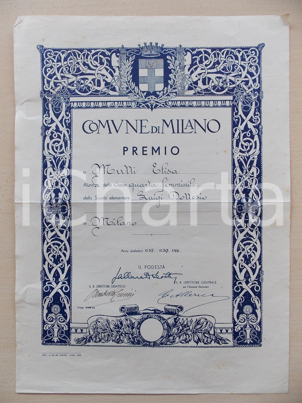 Oggetto da collezione cartaceo 1939 MILANO Premio a Elisa MUTTI  Scuola elementare Luigi Dottesio 32x44 cm 1