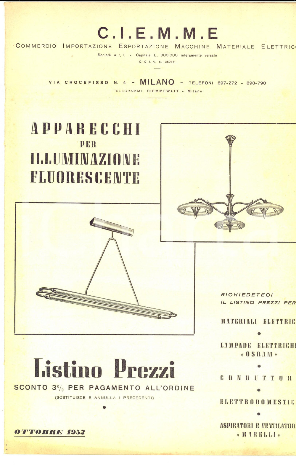 Materiale pubblicitario d’epoca 1953 MILANO Listino CIEMME Apparecchi illuminazione fluorescente ILLUSTRATO 1