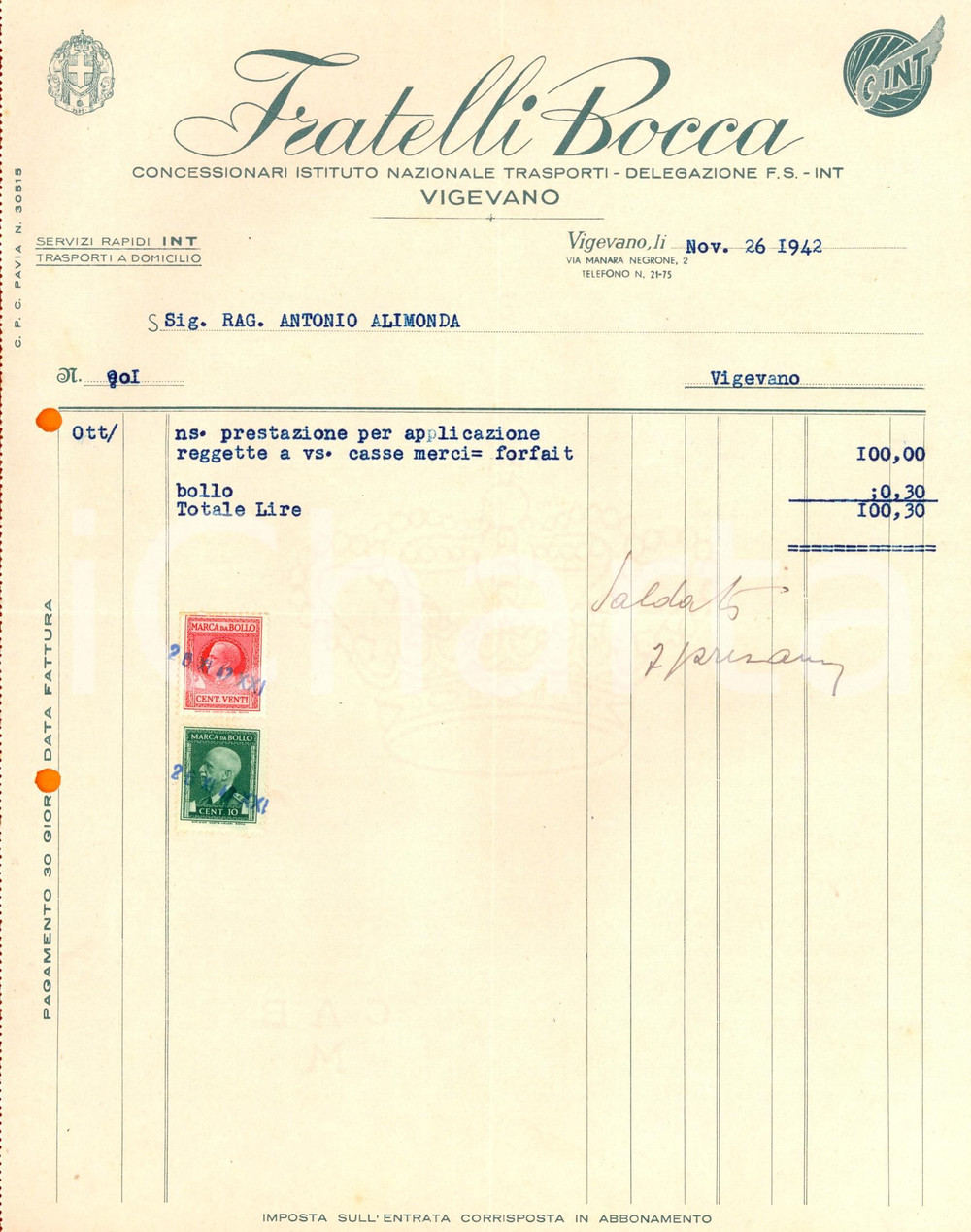 Documento originale, autentico 1942 VIGEVANO PV Fratelli BOCCA  Istituto Nazionale TRASPORTI Fattura 1
