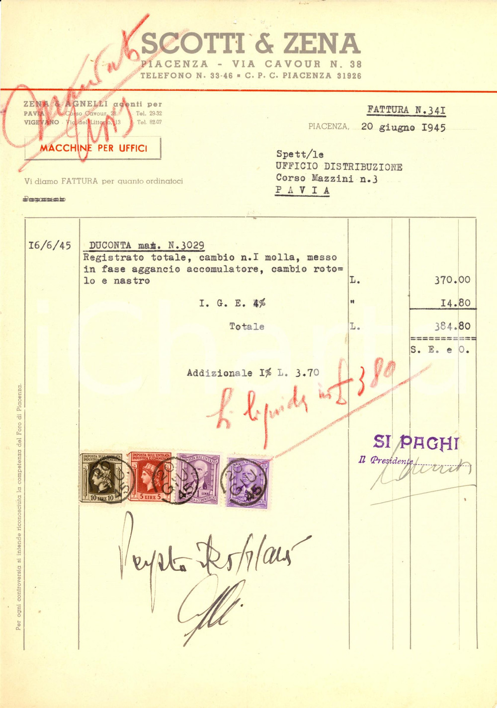 Documento originale, autentico 1945 PIACENZA Ditta SCOTTI & ZENA  Macchine per uffici Fattura intestata 1