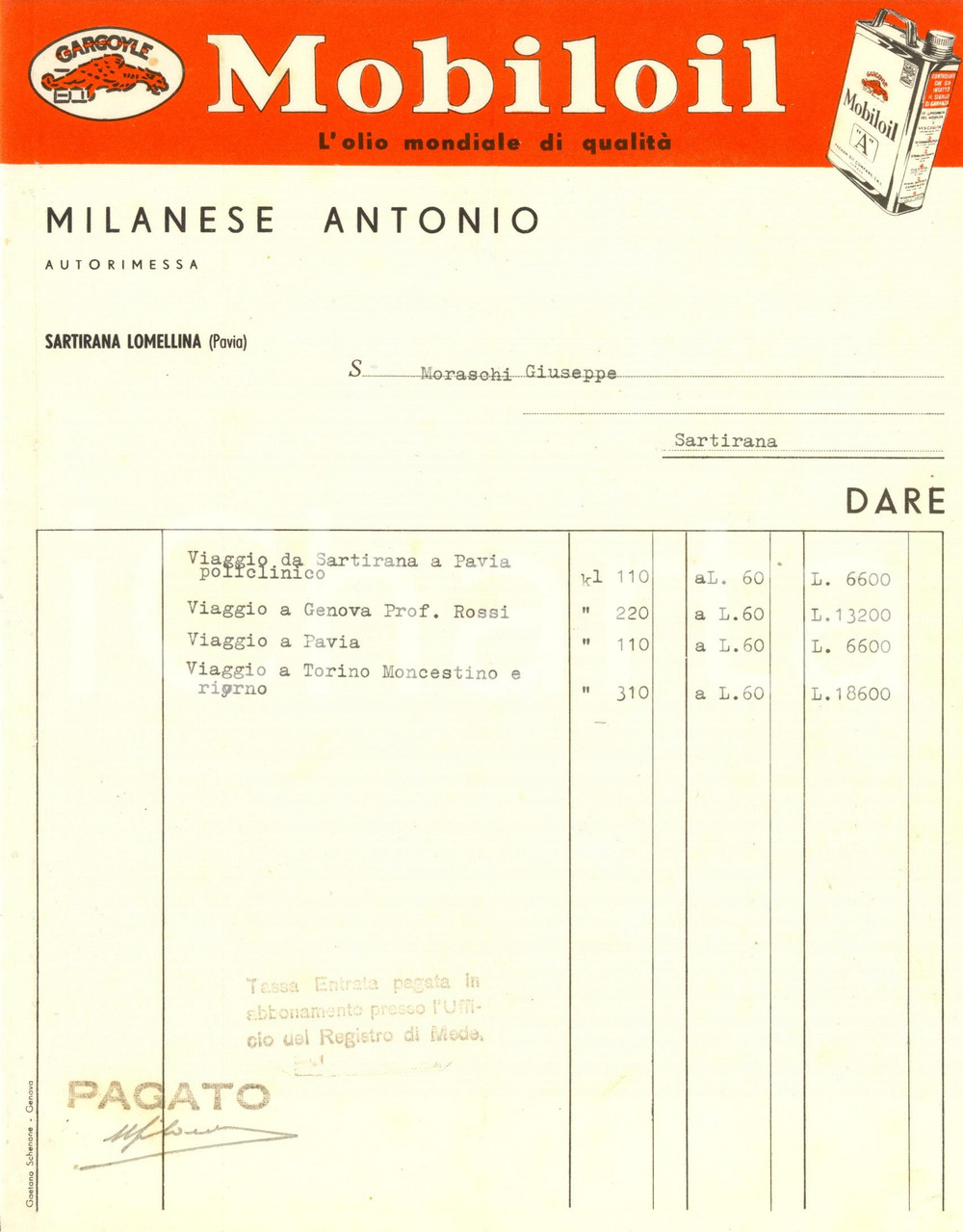 Documento originale, autentico 1945 ca SARTIRANA LOMELLINA Autorimessa MILANESE Antonio  GARGOYLE Mobiloil 1