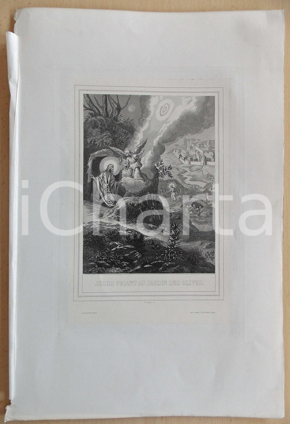 Stampa, bozzetto originale 1853 VIE DE N. S. JESUS CHRIST JÃ©sus priant au jardin des olives Gravure 28x42 1
