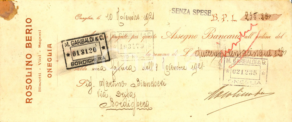 Oggetto da collezione cartaceo 1928 IMPERIA ONEGLIA Rosolino BERIO  Biscotti vini saponi Assegno bancario 1