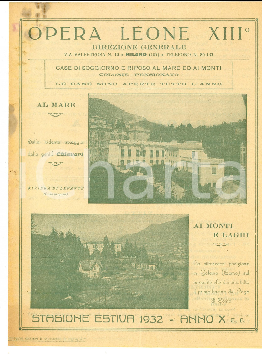 Materiale pubblicitario d’epoca 1932 MILANO Opera LEONE XIII Case di soggiorno Programma stagione estiva 1
