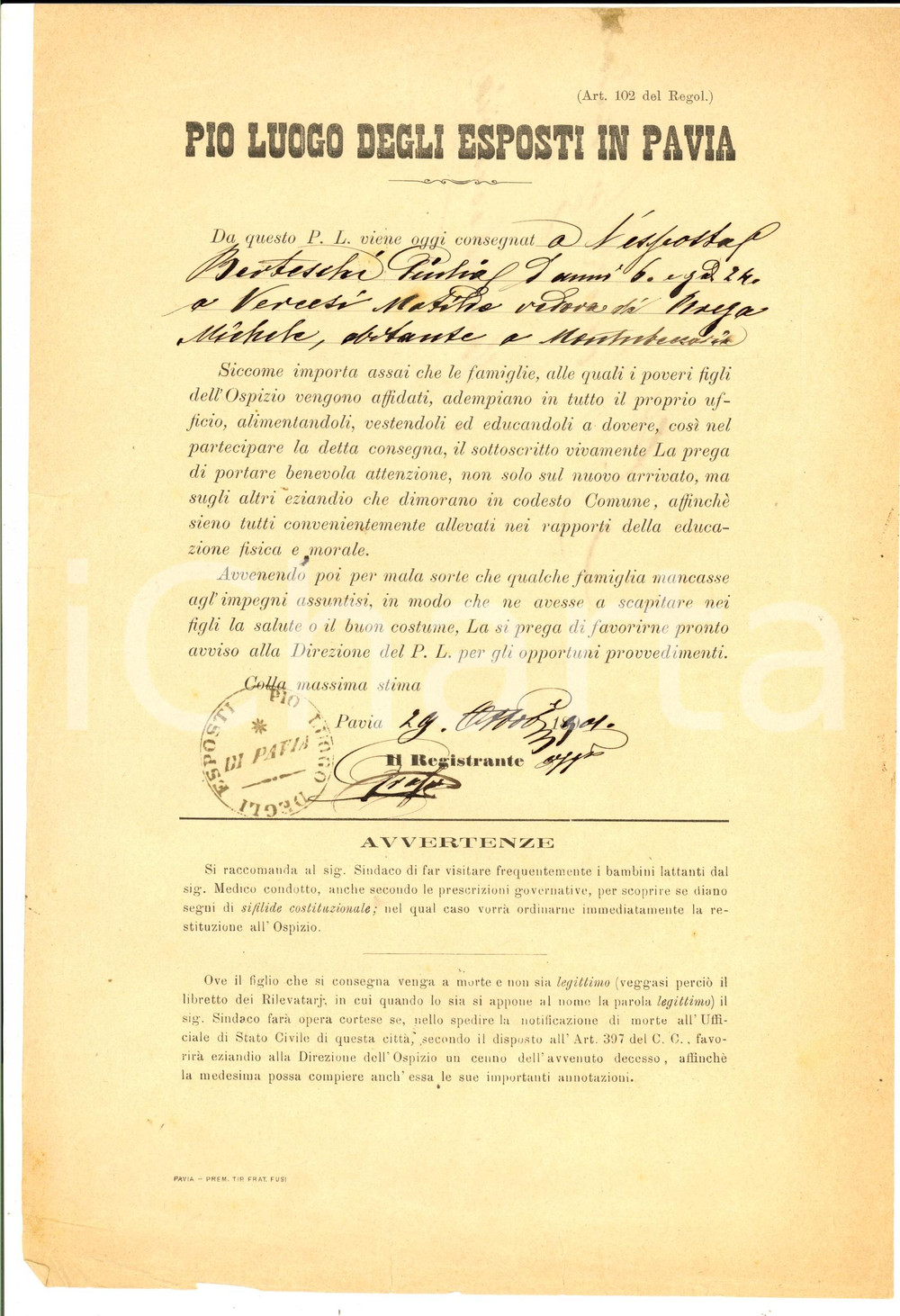 Documento originale, autentico 1901 PAVIA Pio Luogo degli ESPOSTI  Affidamento della piccola Giulia BERTESCHI 1
