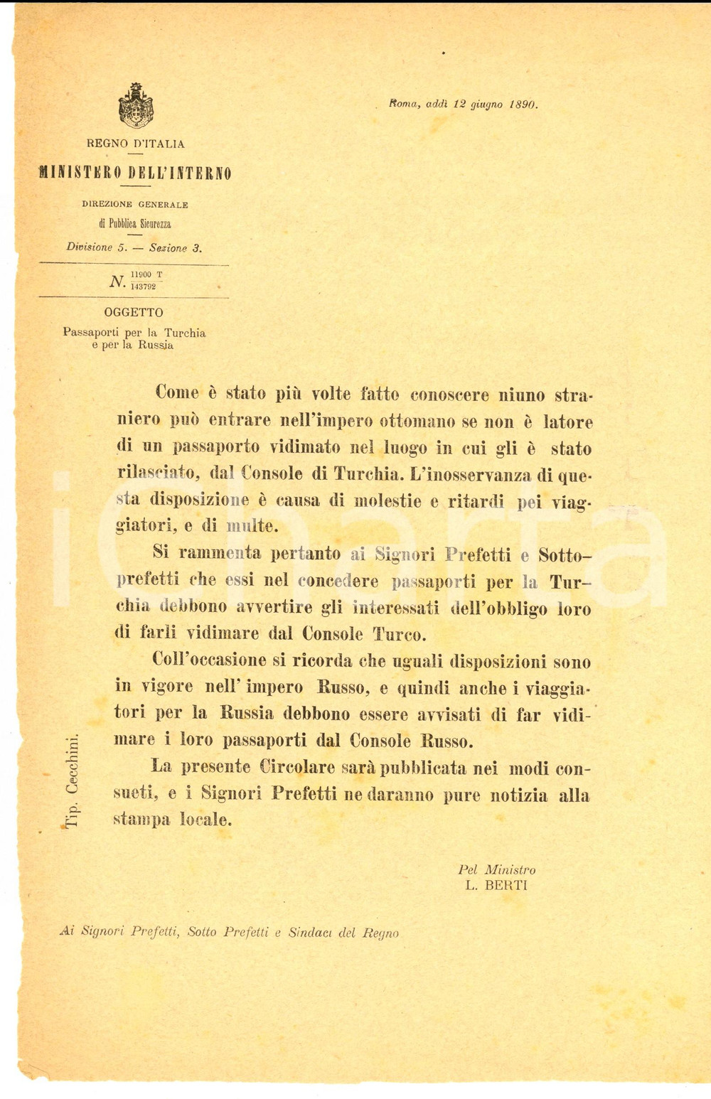 Documento originale, autentico 1890 ROMA Norme sui passaporti per Turchia e Russia Lettera circolare 1