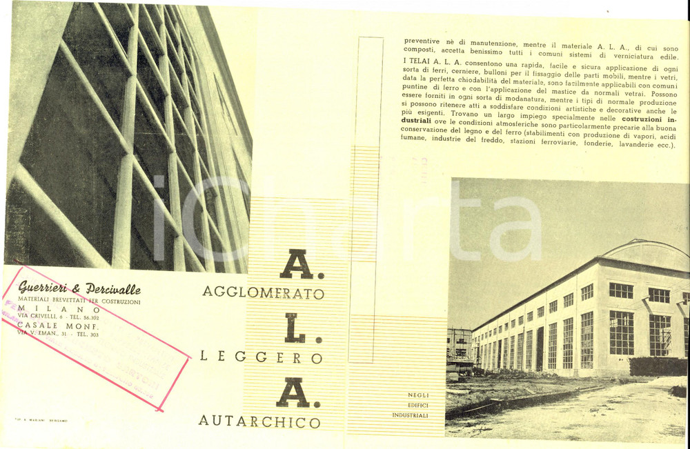 Materiale pubblicitario d’epoca 1940 ca MILANO Ditta GUERRIERI & PERCIVALLE Agglomerato Leggero Autarchico 1