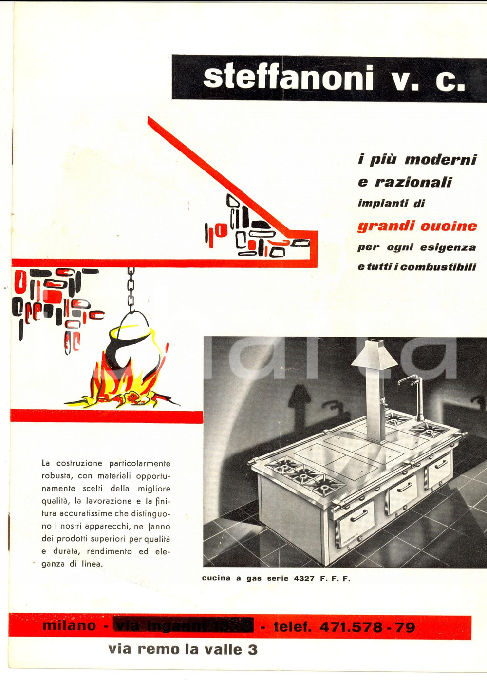 Materiale pubblicitario d’epoca 1950 MILANO Ditta STEFFANONI Grandi cucine moderne Pubblicitario ILLUSTRATO 1