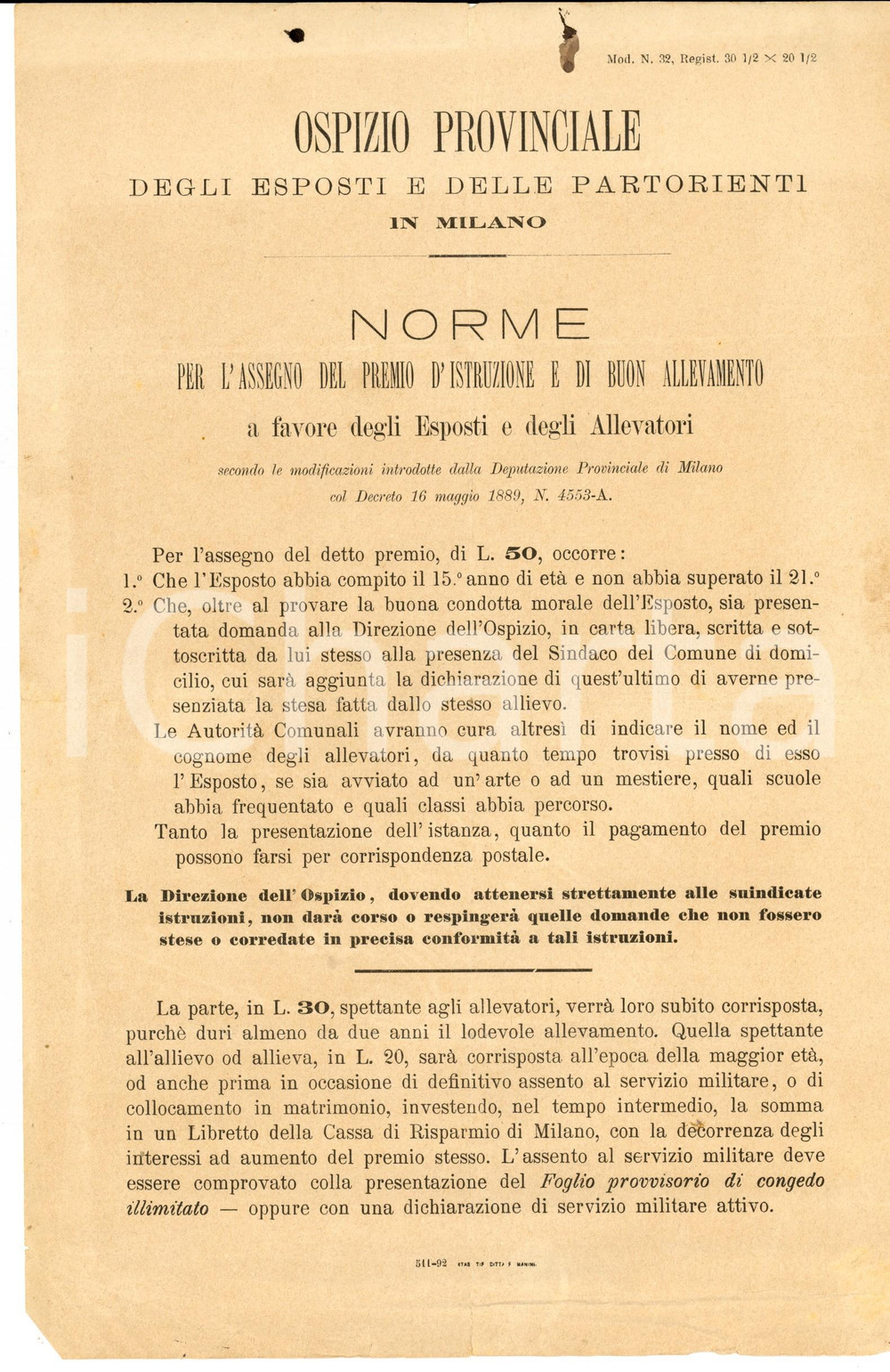 Documento originale, autentico 1892 MILANO Ospizio Provinciale Esposti e Partorienti Premio d istruzione 1