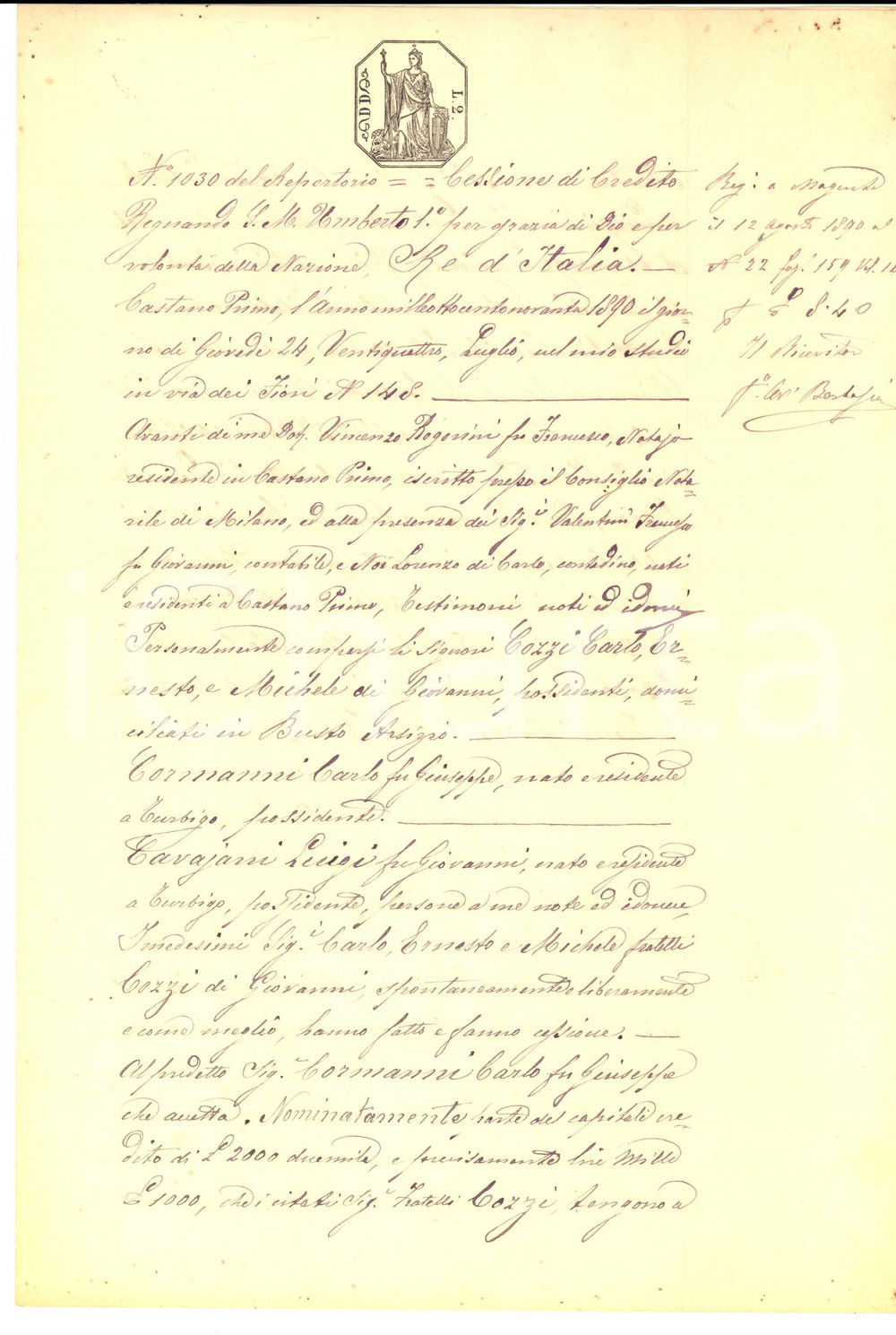 Documento originale, autentico 1890 TURBIGO MI Carlo CORMANNI versa saldo ai fratelli COZZI Manoscritto 1