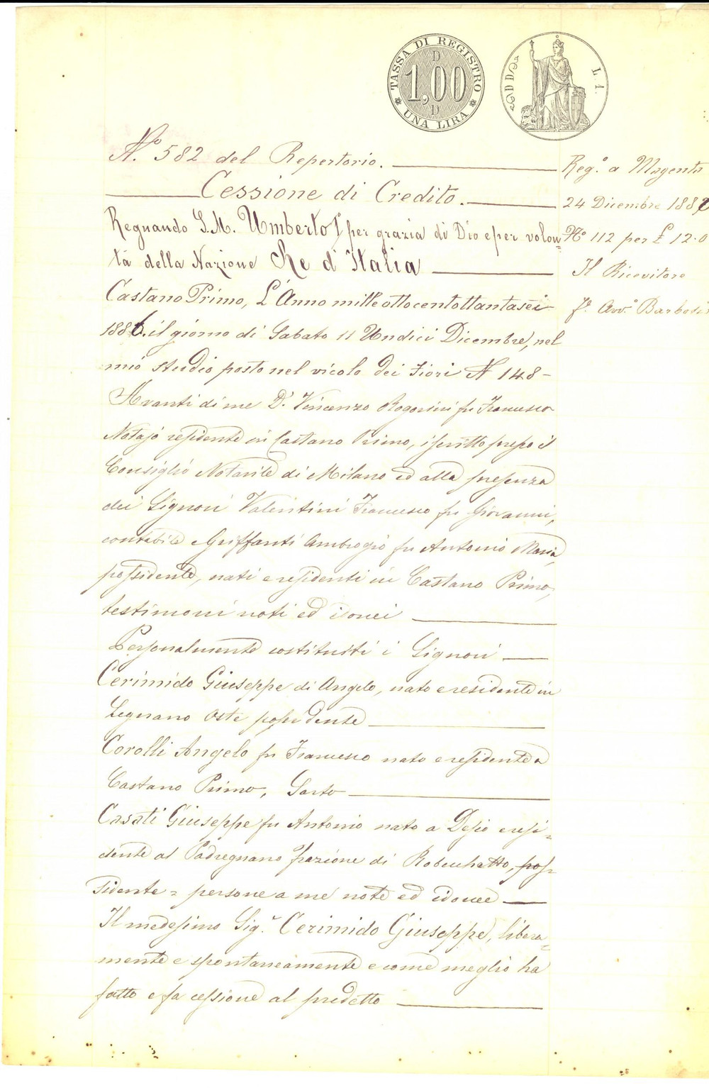 Documento originale, autentico 1886 LEGNANO MI Cessione di credito tra Giuseppe CERIMIDO e Giuseppe CASATI 1